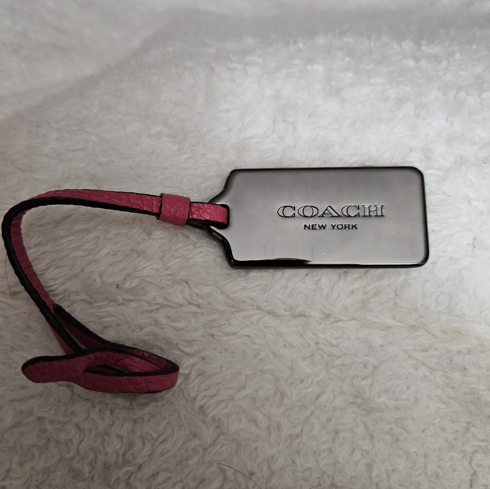 Coach New York Metal Hangtag - gun metal-toned with pink leather strap, Like New